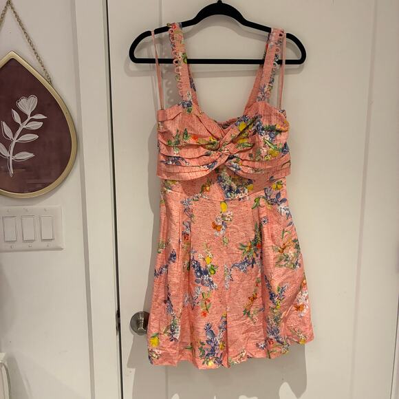 NWT Anthropologie Ranna Gill Pink Floral Linen Scallope Romper Medium - Picture 2 of 11